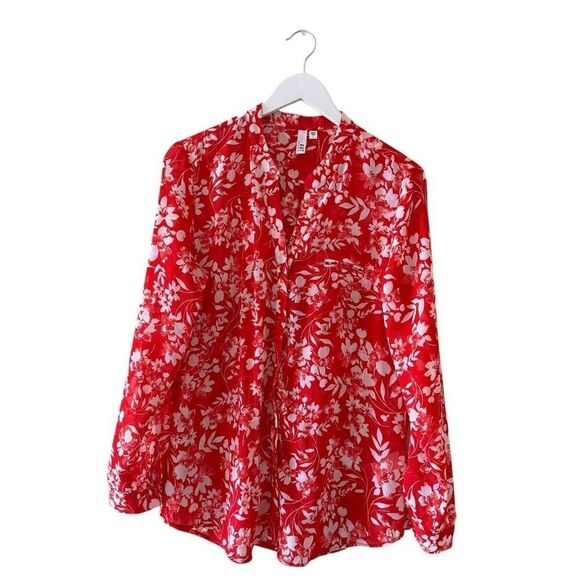 Kut From The Kloth Red White Floral Sheer Lightweight Down Rolling SZ L #2457 - Picture 1 of 12